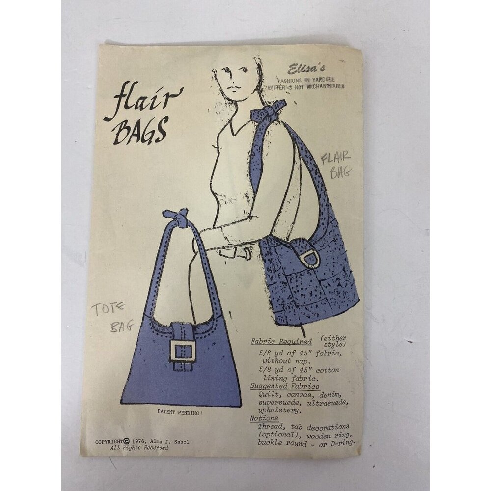 Vtg 1970s Sewing Pattern Flair Bag Tote Cut Complete Instructions Designer Sabol